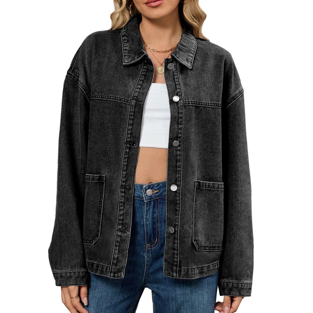 Mote for kvinner, avslappet, ensfarget denimjakke, kort topp