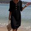 Casual Cotton Linen Midi Sundress with Ruffle Sleeves and Button Details