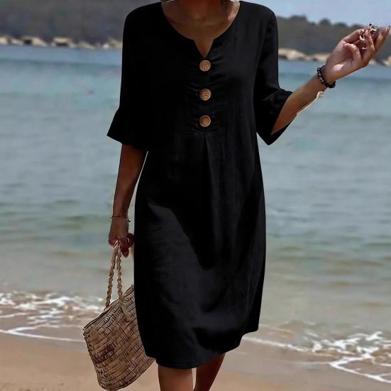 Casual Cotton Linen Midi Sundress with Ruffle Sleeves and Button Details