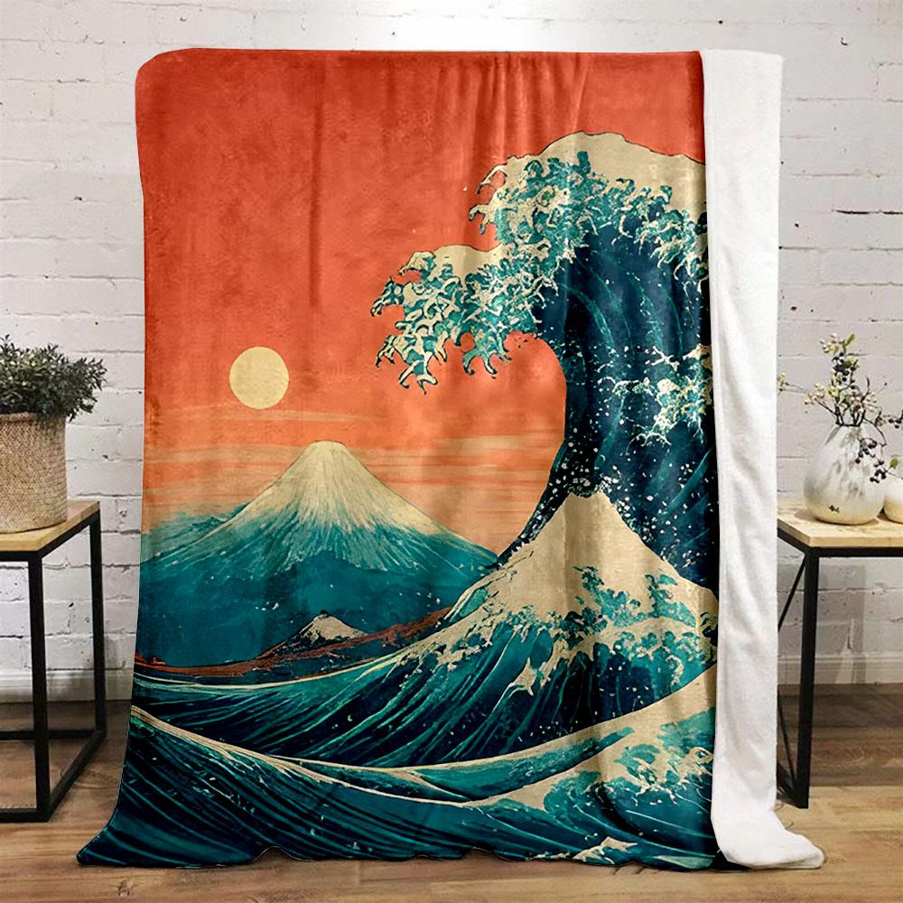 "Wave and Mount Fuji at Sunset" Patterned flannel blanket perfect for the bedroom living room, sofa, or a little nap