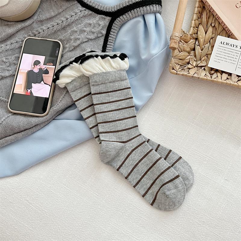 

Female Summer Thin Style Trend Stripe Bubble Mouth Lace Breathable in The Tube Pile Socks 1 pair