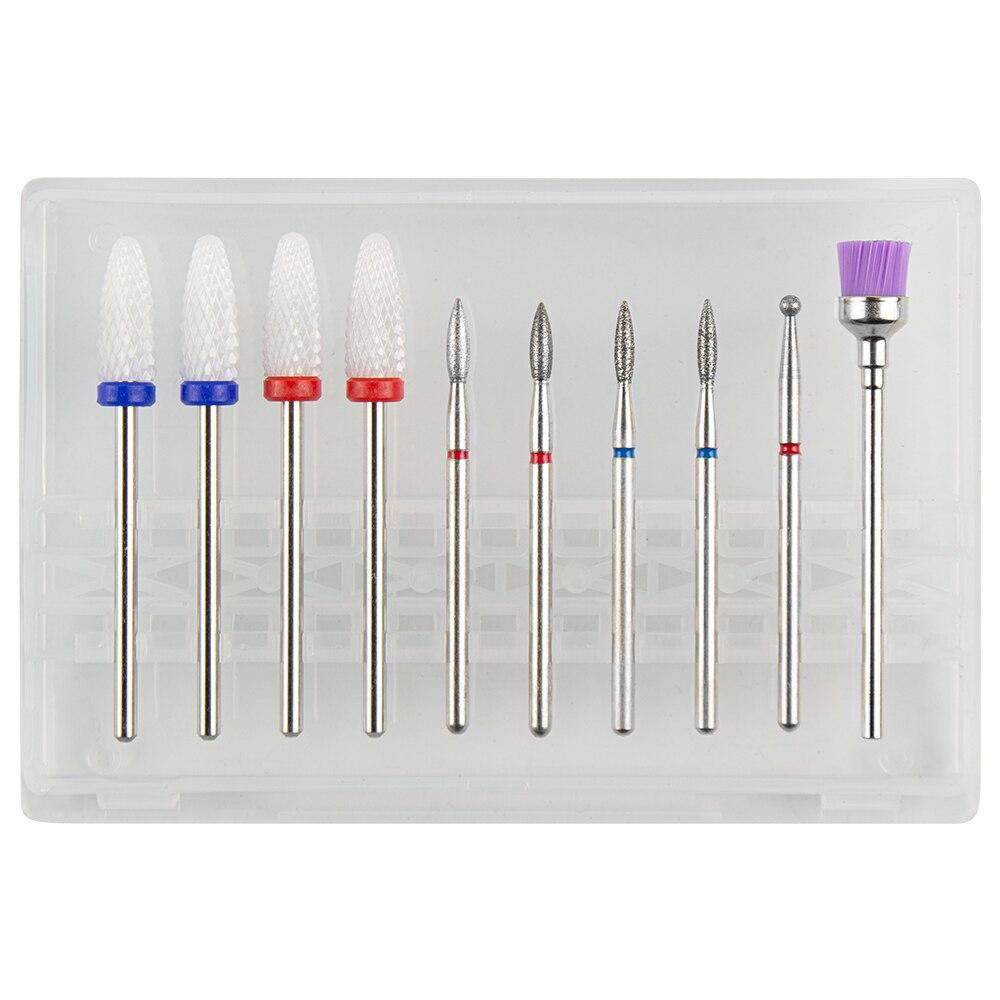 Sada 10ks fréz na manikúru Keramické vrtáky na nehty Čistič kartáč Diamantový mlýnek Příslušenství pro odstranění gelového laku