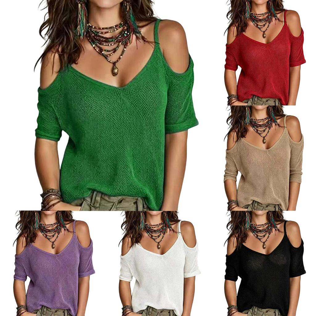 Women’s Knit Off Shoulder Top Long Sleeve Lightweight Pullover Sweater Loose Fit V Neck Casual Comfortable Style