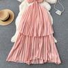 Francouzské sexy vyhloubené nepravidelné tenké plážové plisované šaty ženy dovolená u moře Nová móda české oblečení bez rukávů