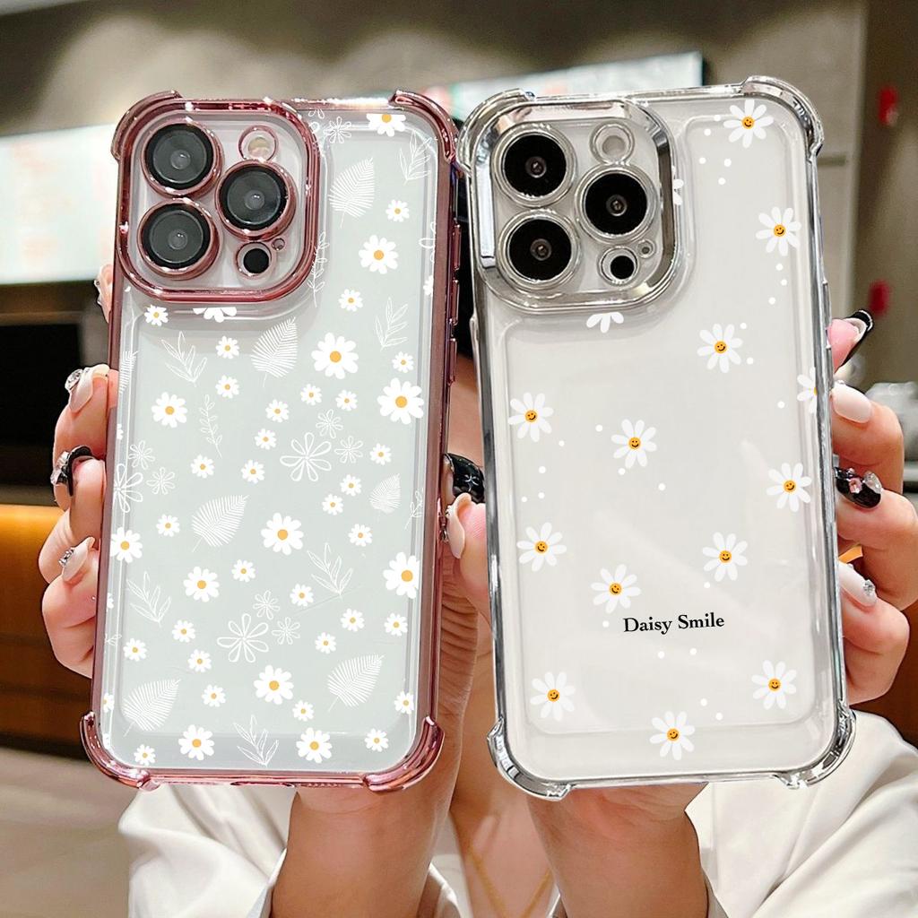 Cute Smile Daisy Flower Print Clear Case for Samsung Galaxy S25 FE S26 Edge S24 S22 S23 S21 Plus Note 20 Ultra Plating TPU Cover