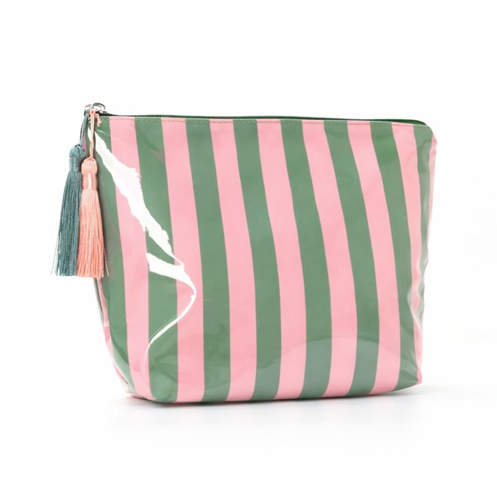 Large Capacity PVC Striped Cosmetic Bag Portable Makeup Brush Bag Women Use Green Pink
