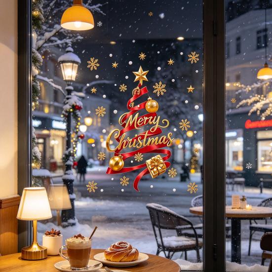 Home Window Ornaments 2Pcs Christmas Static Clings, Tree Stickers with Gift Box Snowflake, Merry Glass Decals for Shop Cafe Door Decor Snowflake
