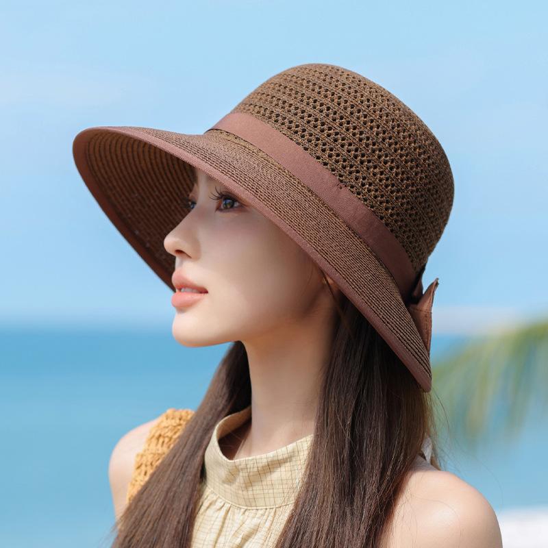 Summer seaside beach sunscreen hat women's fashion bow sun hat big eaves hollow breathable sunshade bucket hat