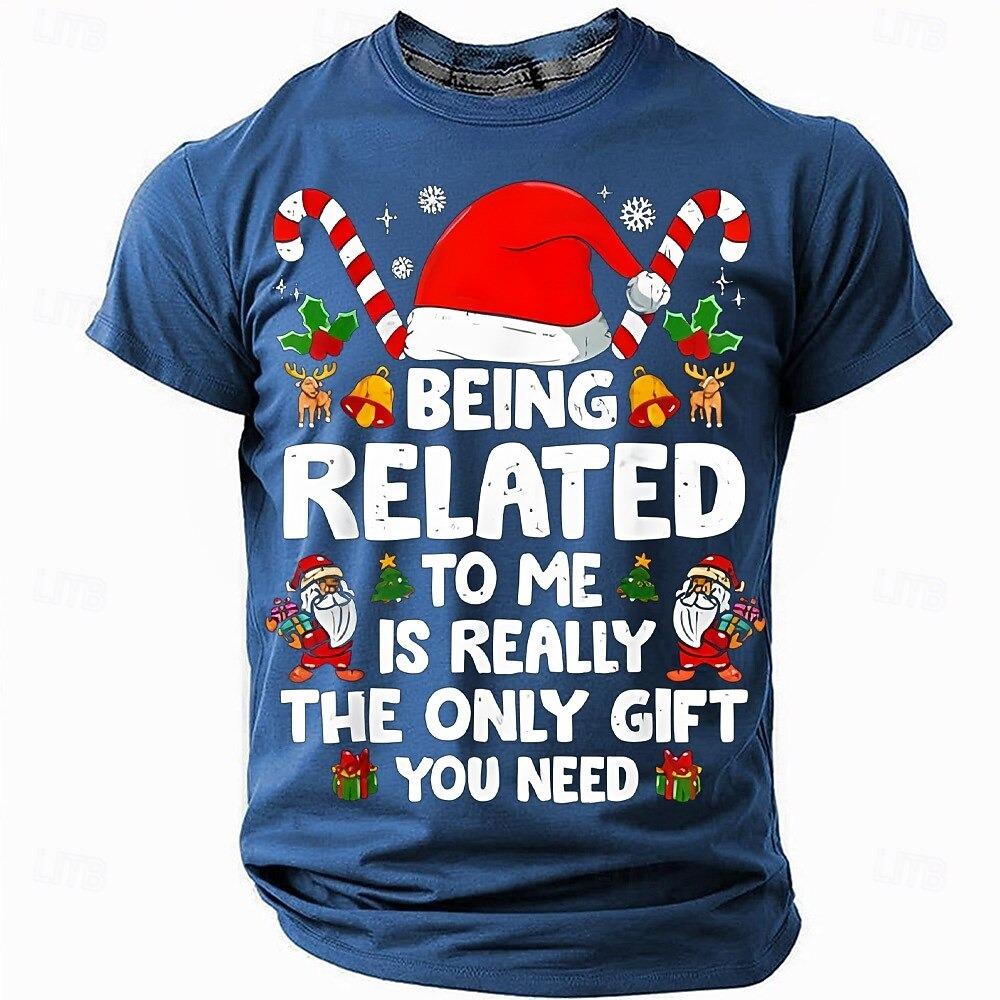 Świąteczny zabawny T-shirt męski z krótkim rękawem i okrągłym dekoltem 'Bycie ze mną w rodzinie to naprawdę jedyny prezent, jakiego potrzebujesz' Top z humorystycznym nadrukiem