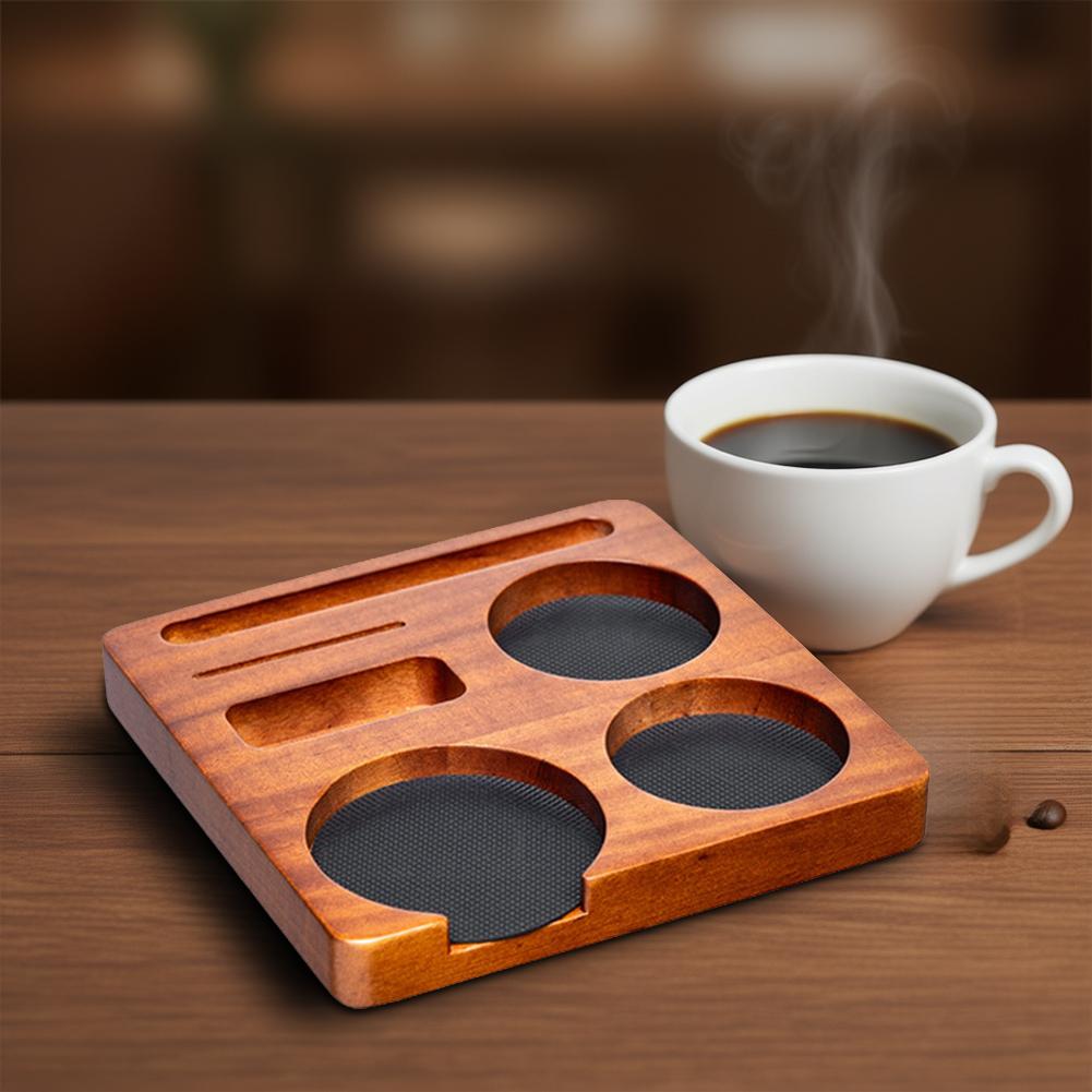 Coffee Tamper Station with Walnut Wood Base and Portafilter Holder Offering Stability and Organization for 51mm and 58mm Handles