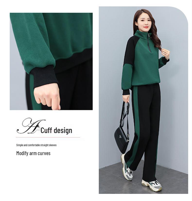 Women's Spring/Autumn Casual Sportswear Set - Loose, Age-Reducing, Spliced Sweatshirt Two-Piece Ensemble