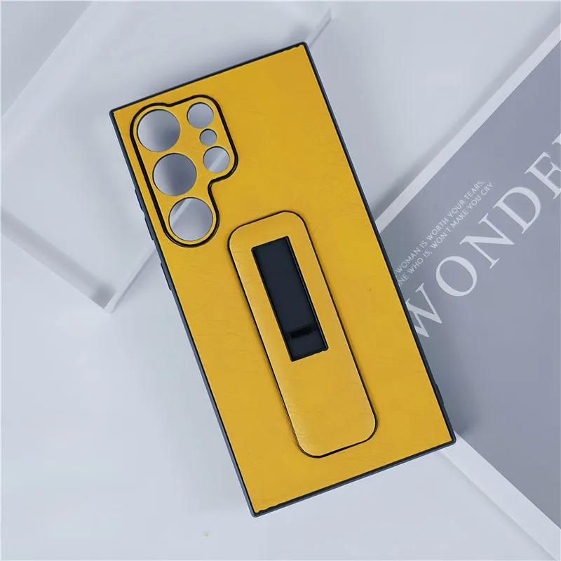 Faux Leather Cover with Invisible Bracket for Samsung Galaxy S24 S23 S22 S21 Ultra Plus + Kickstand Ring Holder Stand Phone Case