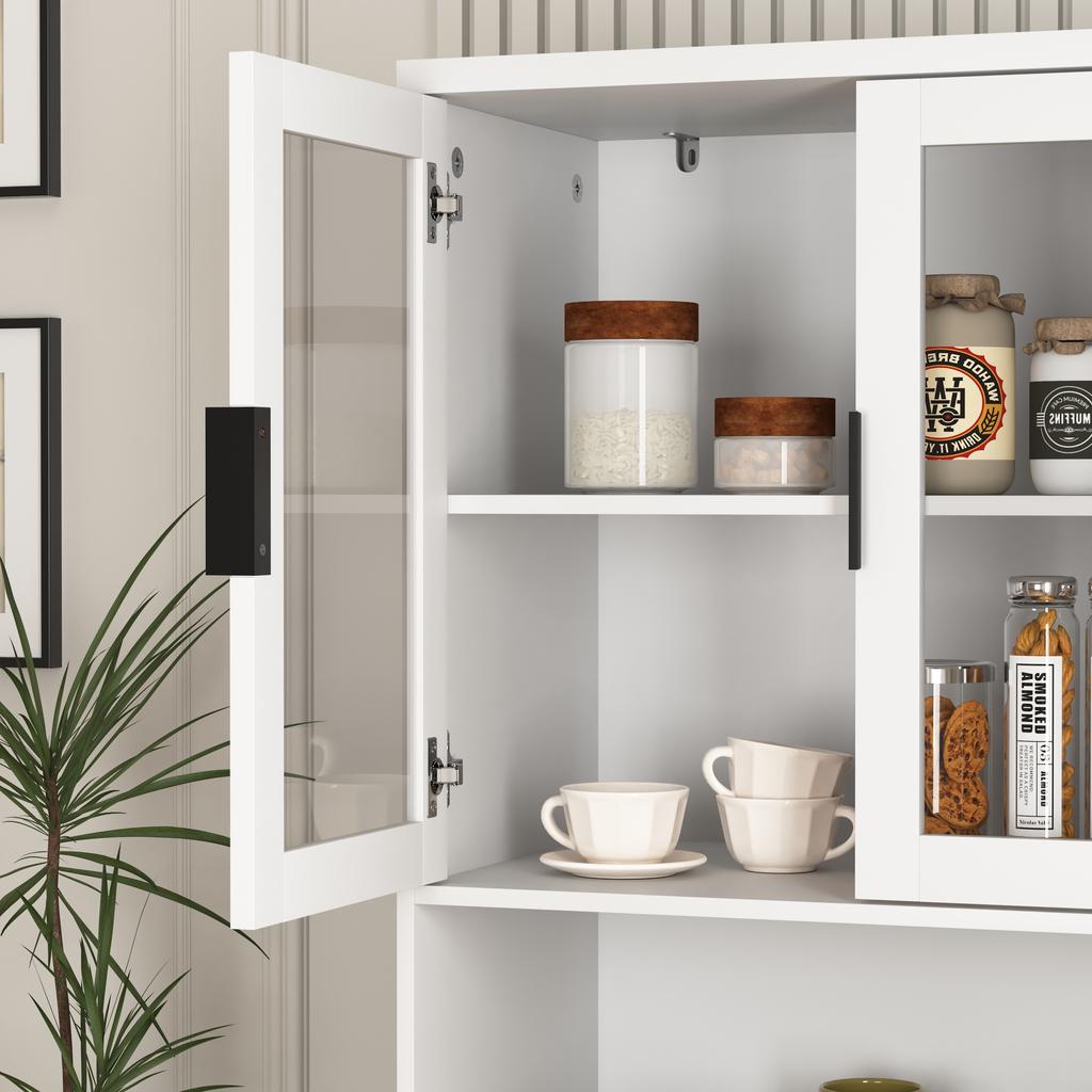 Tall Bookshelf with Tempered Glass Door and Adjustable Shelf, 4 Doors, Painted MDF Cabinet, White, Storage for Living Room and Bedroom