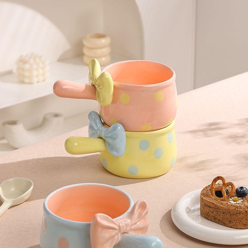 Cute Bowknot Ceramic Bowl with Handle, Aesthetic Salad, Dessert & Breakfast Oatmeal Bowl