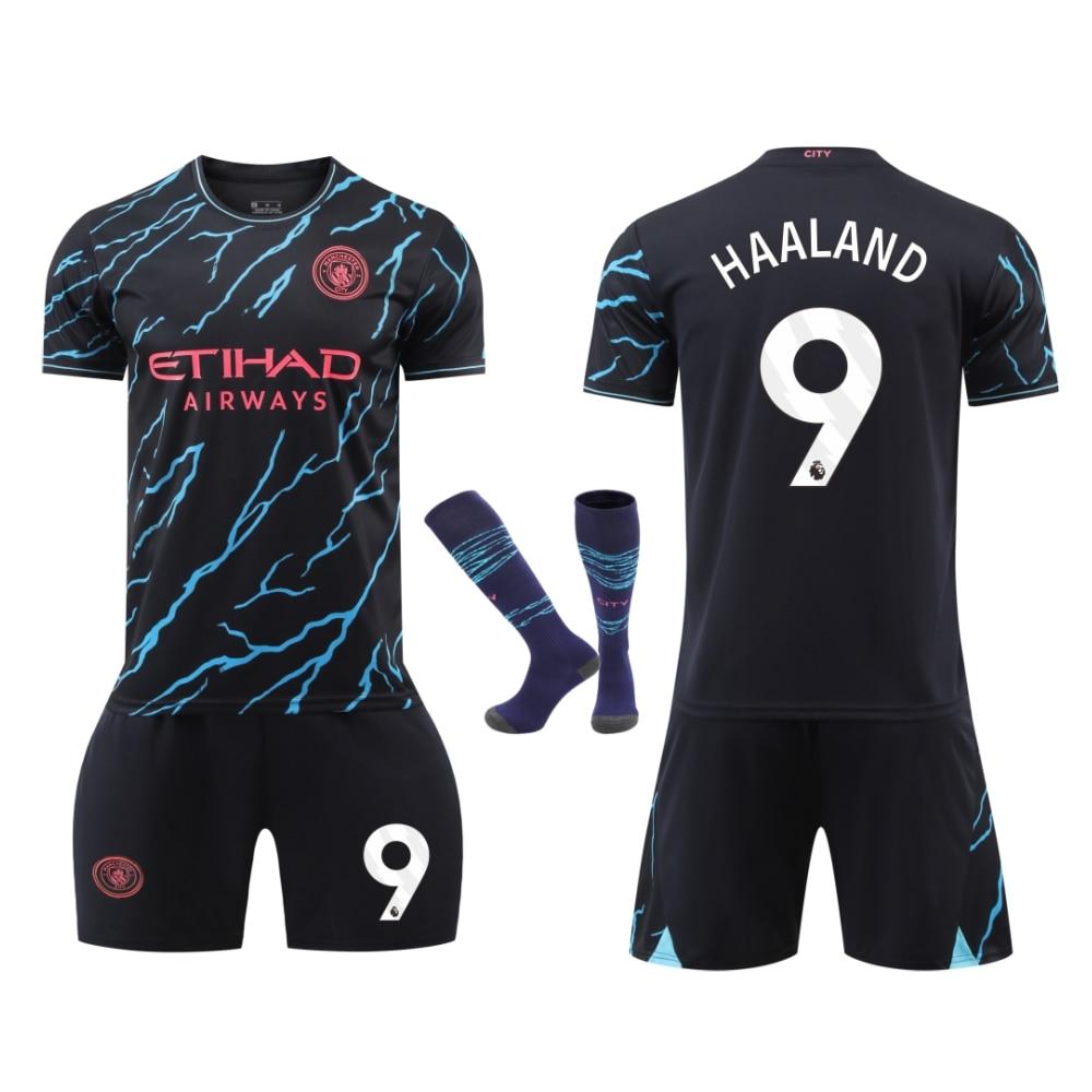 Set Maglia da Calcio Nera Man City Haaland N.9 per Bambini, Maglia Sportiva Traspirante ad Asciugatura Rapida, Abbigliamento da Allenamento Calcio per Giovani