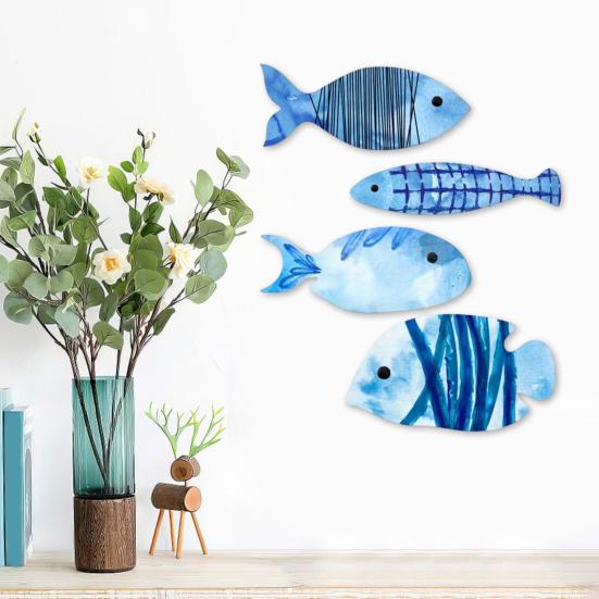 4 Pcs Wood Fish Wall Decor Rustic Blue Fish Beach Wall Art Nautical Coastal Themed Wall Hanging Sculpture for Lake House Ocean Bathroom Decor