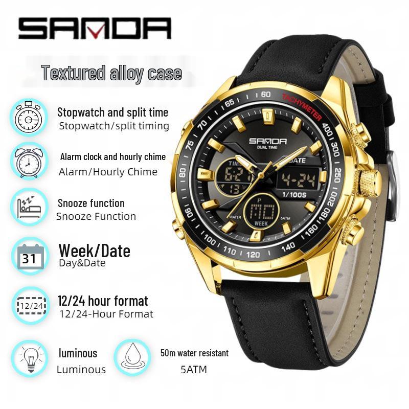 Sanda Men's Waterproof Dual Display Multi-Function Watch with Timer, Snooze, and Night Light.