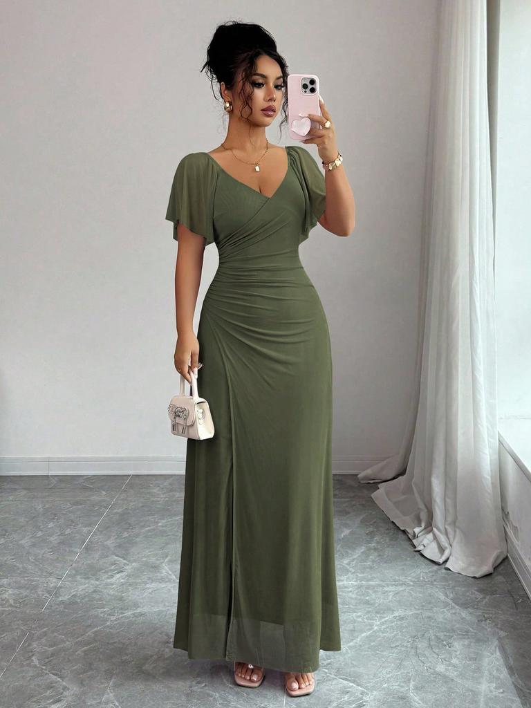 2026 Cross-border Europe, America, Amazon's New V-neck Cross-waist Fishtail Skirt, Flying Sleeve Pleated Temperament Hip Skirt