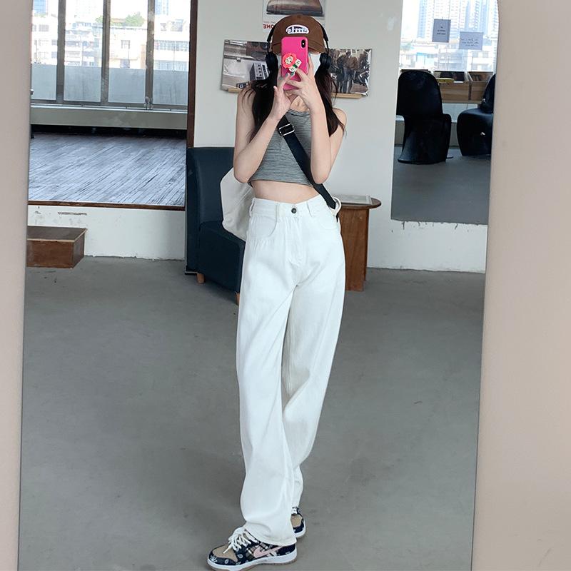 

2023 Spring/Autumn Women s High-Waist Wide-Leg Jeans: Korean Style, Straight, Loose, Slim Fit, All-Match Drape Mopping Pants White extra-long 233
