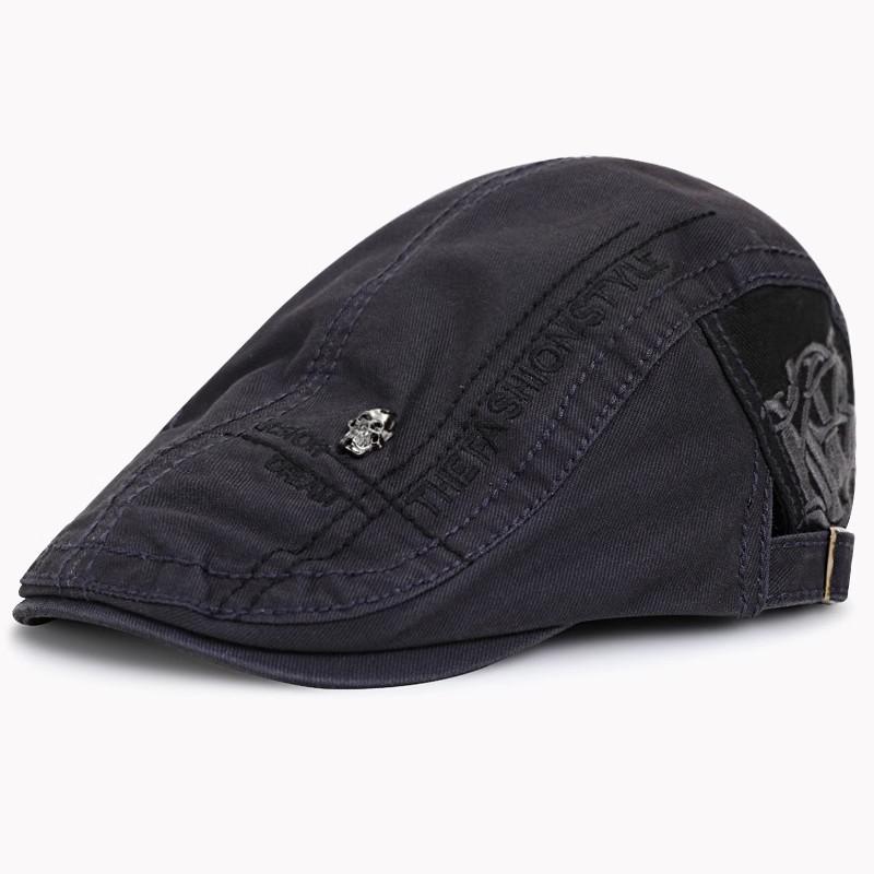 Britische Retro-Waschbaumwoll-Schiebermütze, Stilvolle Baseballkappe mit Totenkopfmuster, Unisex Weichkappe Ganzjahres-Pendler-Maler-Barett black