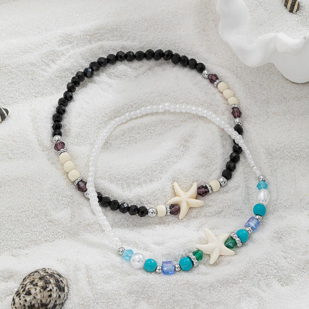 2 Pieces of Ocean Style Black and White Bead Mixed with Turquoise Starfish Double-layer Layered Women's Ankle Chains