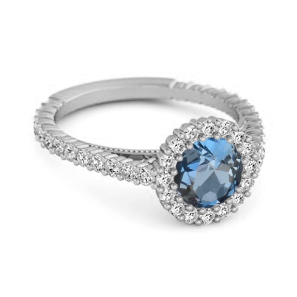 London Blue Topaz Halo Pave Engagement Ring - 925 Sterling Silver