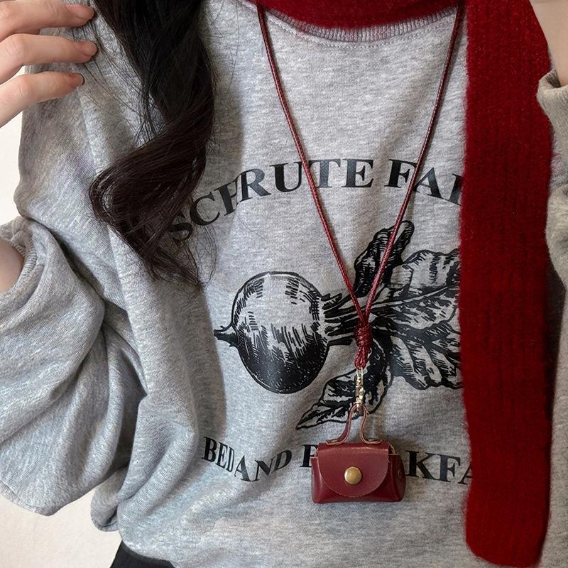 Retro Leather Coin & Earphone Pouch Necklace - Versatile Commuting Sweater Chain, High-End Jewelry.