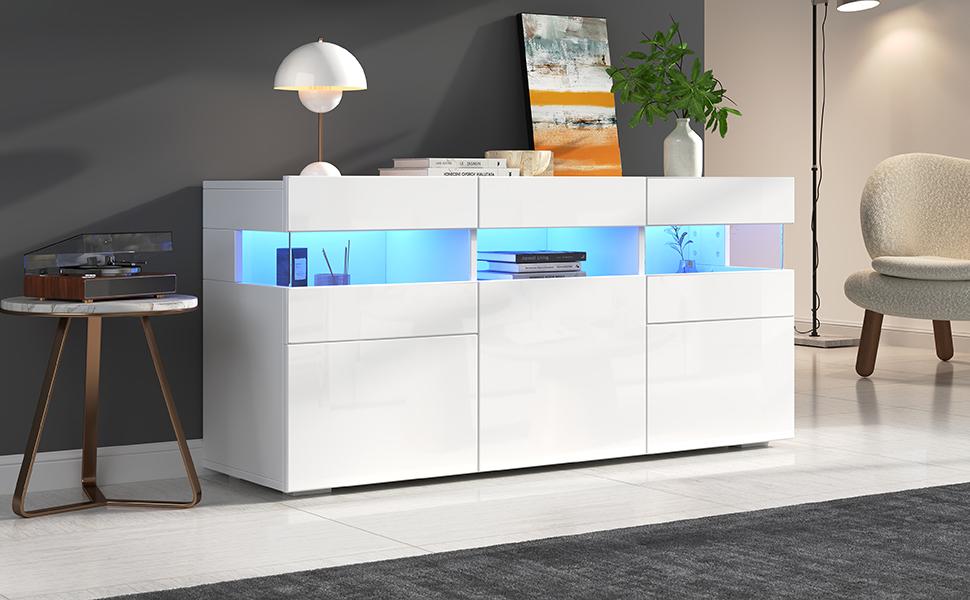 Credenza per soggiorno 140*40.5*66.5cm con 3 ante, finitura lucida, striscia luminosa a LED, acrilico trasparente, 7 scomparti, bianco