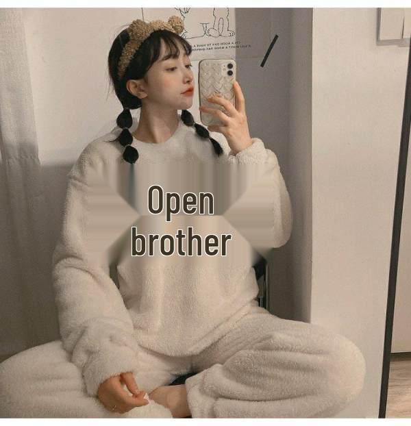 

Корейський жіночий зимовий велюровий піжамний комплект - Милий ведмедик, кораловий фліс, домашній одяг L