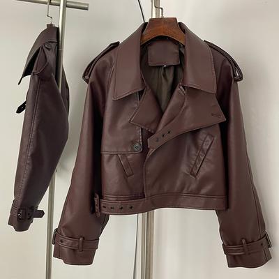OFTBUY Women Vintage Loose Pu Faux Leather Short Jacket with Belt Motorcycle Jacket Female Zipper Retro Moto Biker Coat Outwear Tops
