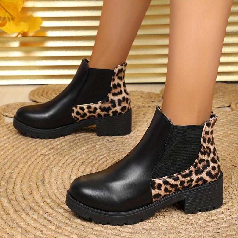 Women's Leopard Print Chunky Heel Chelsea Ankle Boots Slip-On Round Toe Non-Slip Rubber Sole All-Season Casual Black & Tan
