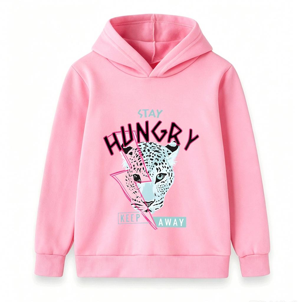 Kids Boys Girls Pullover Hoodie Cool Leopard Lightning Print Stay Hungry Long Sleeve Casual Sweatshirt for Children
