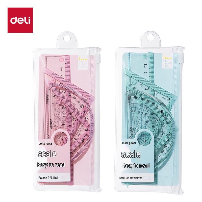 Deli 79511 Transparent Ruler & Protractor Set - 4-Piece Student Drafting Tools 15cm