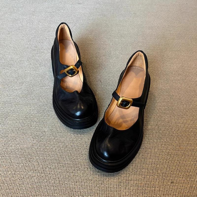 Cowhide version~ Mary Jane small leather shoes retro round head metal buckle thick sole shallow mouth commuting versatile thick heel single shoes