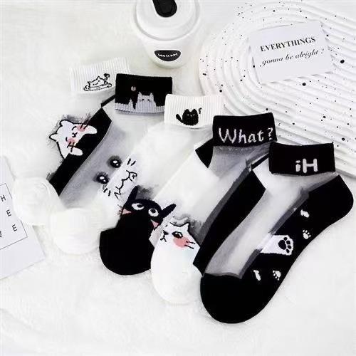 5Pairs/lot Summer Women Socks Black and White Cat Glass Silk Breathable Female Socks Simple Short Socks Cute Cartoon Cat Socks