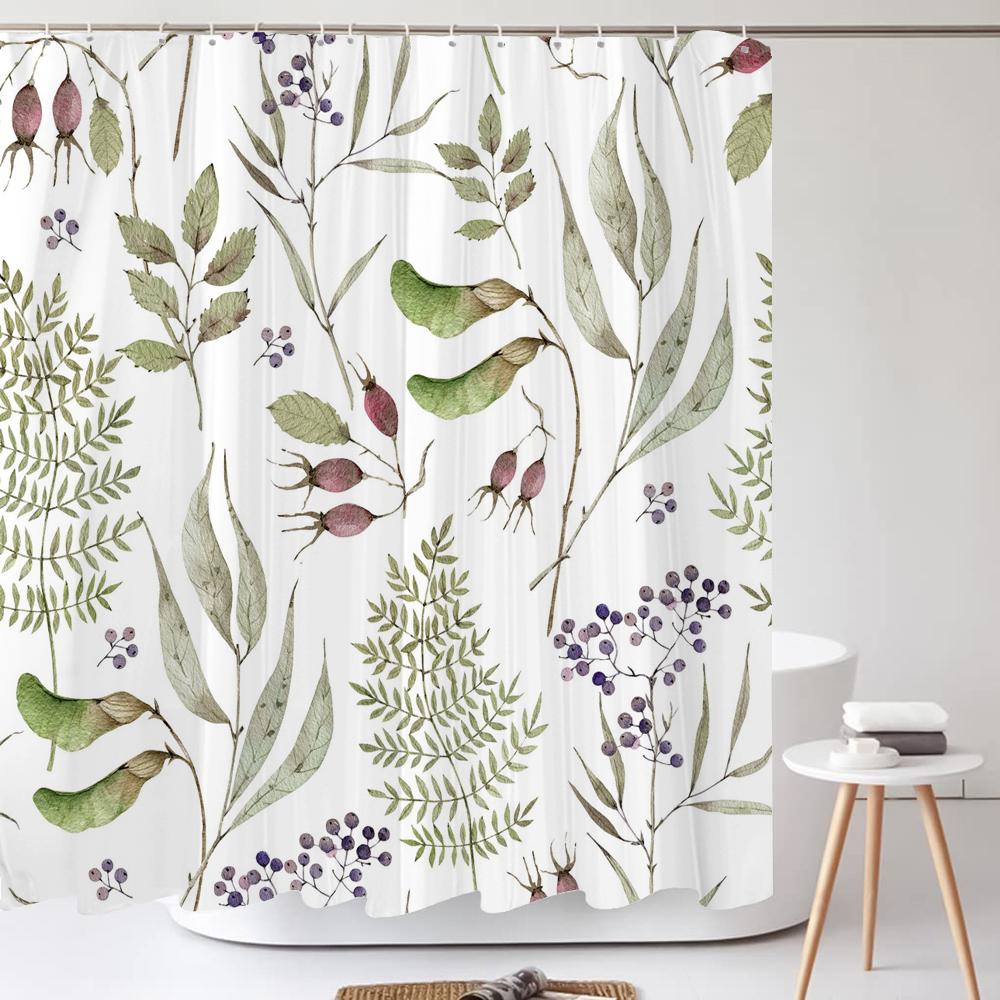 Grüne Pflanze Blatt Blume Duschvorhang, Moderner Nordic Minimalistischer Duschvorhang Polyester Stoff Badezimmervorhang für Badezimmer Dekor