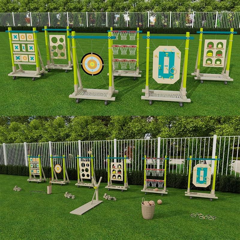 Kids Outdoor Toy Set: Wooden Basketball Hoop, Ring Toss, Sandbags, Bow & Arrow for Sensory Play