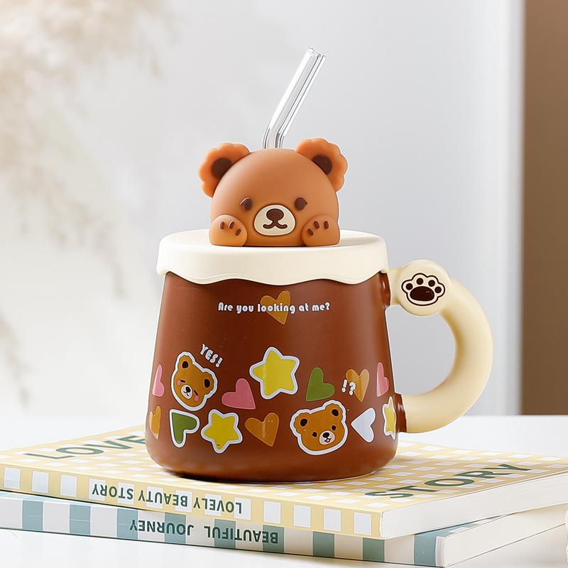 Korean version bear mug large capacity with lid straw creative cup cute coffee cup drinking cup gift box