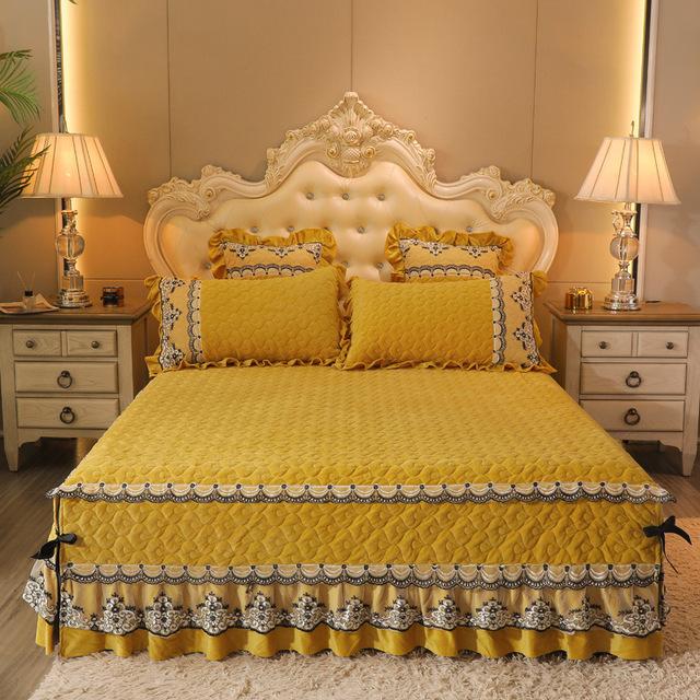 

Романтическое роскошное бархатное стеганое покрывало, утепленное тонкое фланелевое кружевное покрывало с вышивкой, юбка для кровати, чехол для королевской кровати, не включая наволочку 1pc Skirt 150x200cm жёлтый