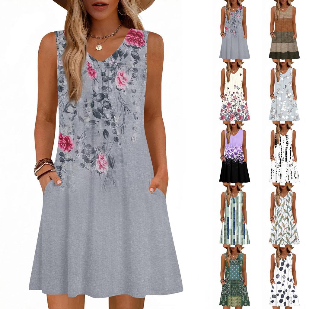 Sleeveless V Neck Printed A Line Swing Dress with Pockets Casual Loose Fit Summer Tank Dress for Women