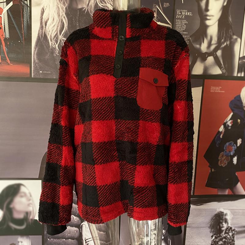 fashion vintage plaid zip collar long sleeve sweatshirt