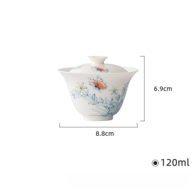 Pure Hand Painted Butterfly Flowers Jade Porcelain Gaiwan Chinese White Tureen Tea Bowl Kung Fu Tea Chawan Tea Cups Tea Ceremony