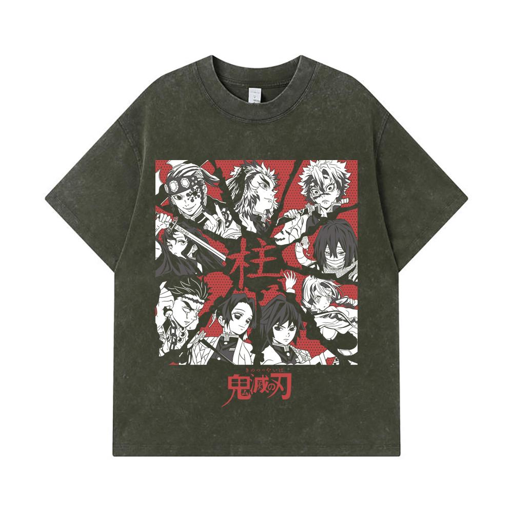 

275 GSM Washed T-shirts 100% Cotton Demon Slayer V81 Hashiras Print Unisex Heavy Cotton T Shirt S армия зеленый