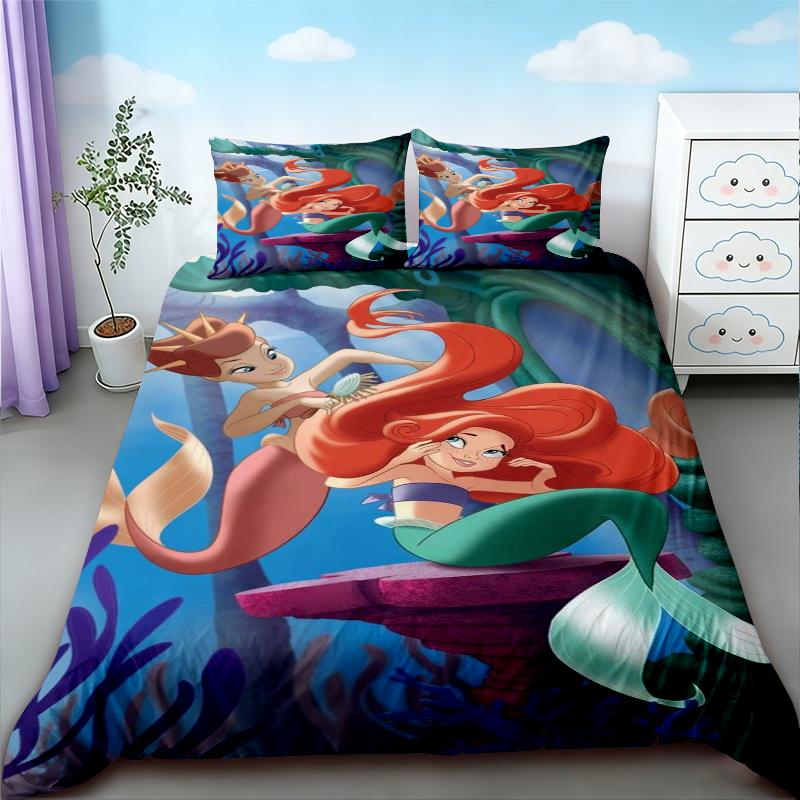 3pcs Duvet Cover Set Mermaid Cartoon Beautiful Bedding Set Quilt Cover Queen King Size for Girl Bedroom Home Decor