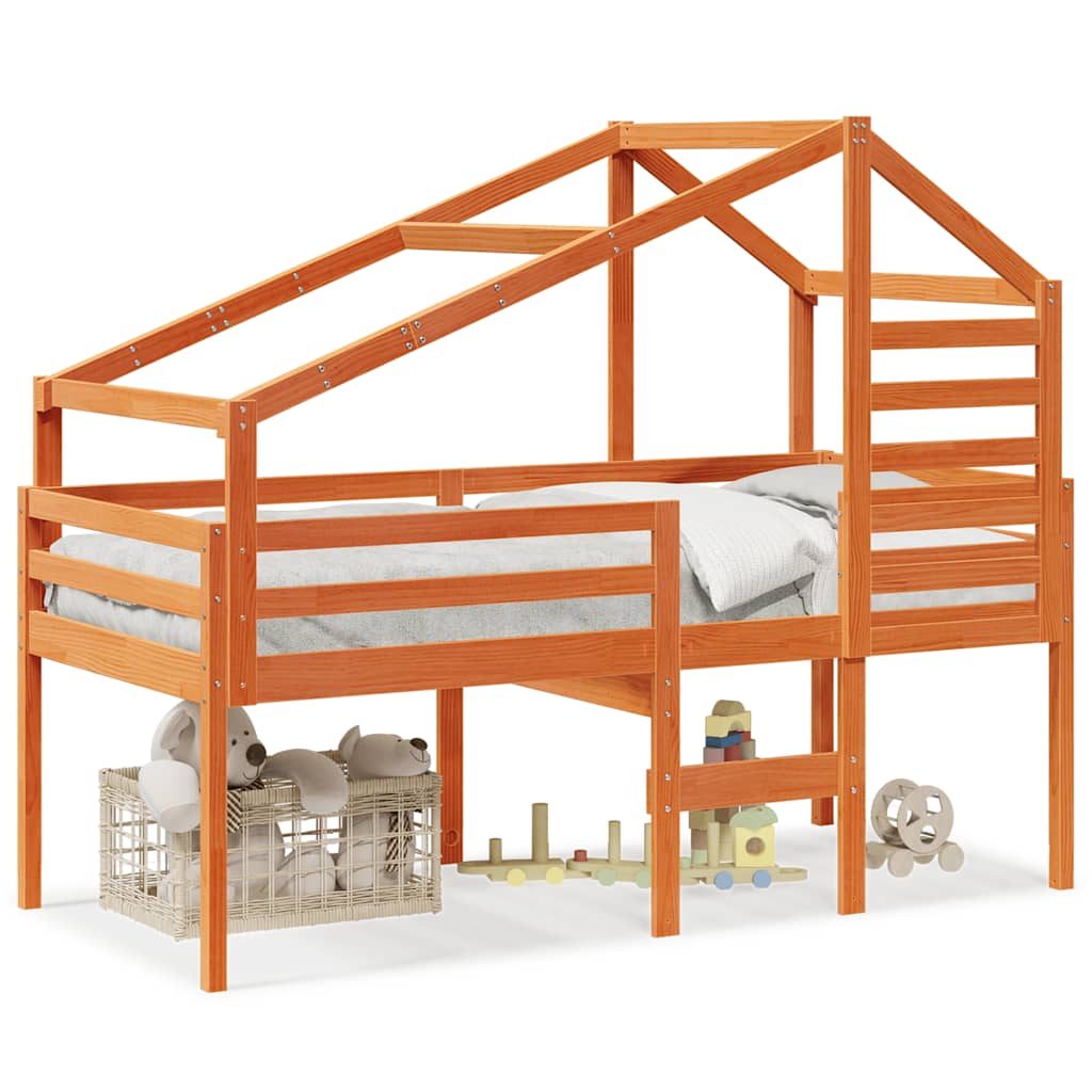 High Bed with Roof Wax Brown 80x200 cm Solid Pine Wood