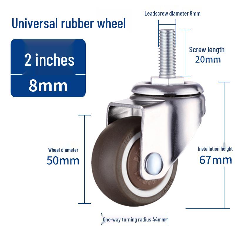 Rueda giratoria de goma universal con freno y rodamiento silencioso - Rosca M6/M8/M10/M12, Rodillo blando