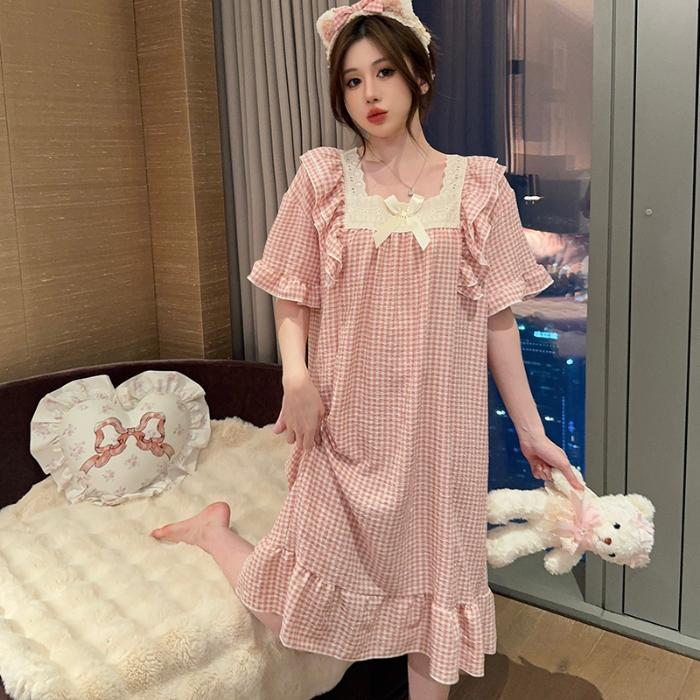 Grid Cherry Print Nightgown Sleepwear Womens Korean Style Ruffles Night Dress Pajamas Summer Short Sleeve Home Wear New In