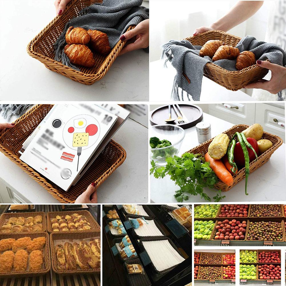 Ratten Woven Bread Basket Rectangular Fruit Baskets Food Serving Holders for Vegetables Home Kitchen Restaurant Outdoor Picnic