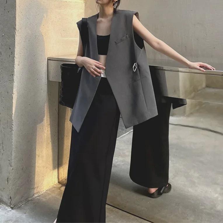 

2024 Летний женский свободный жилет средней длины без воротника M серый