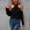 Camisa negra ahuecada de manga larga para mujer, blusa Sexy con hombros descubiertos, Tops informales holgados con cuello Halter a la moda para oficina para mujer 30145